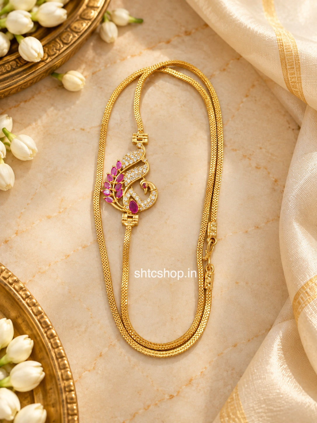 24 Inches 1GM Gold Polished Peacock Mugappu Chain with Pink Stones | Premium Jewellery - SHTC1929