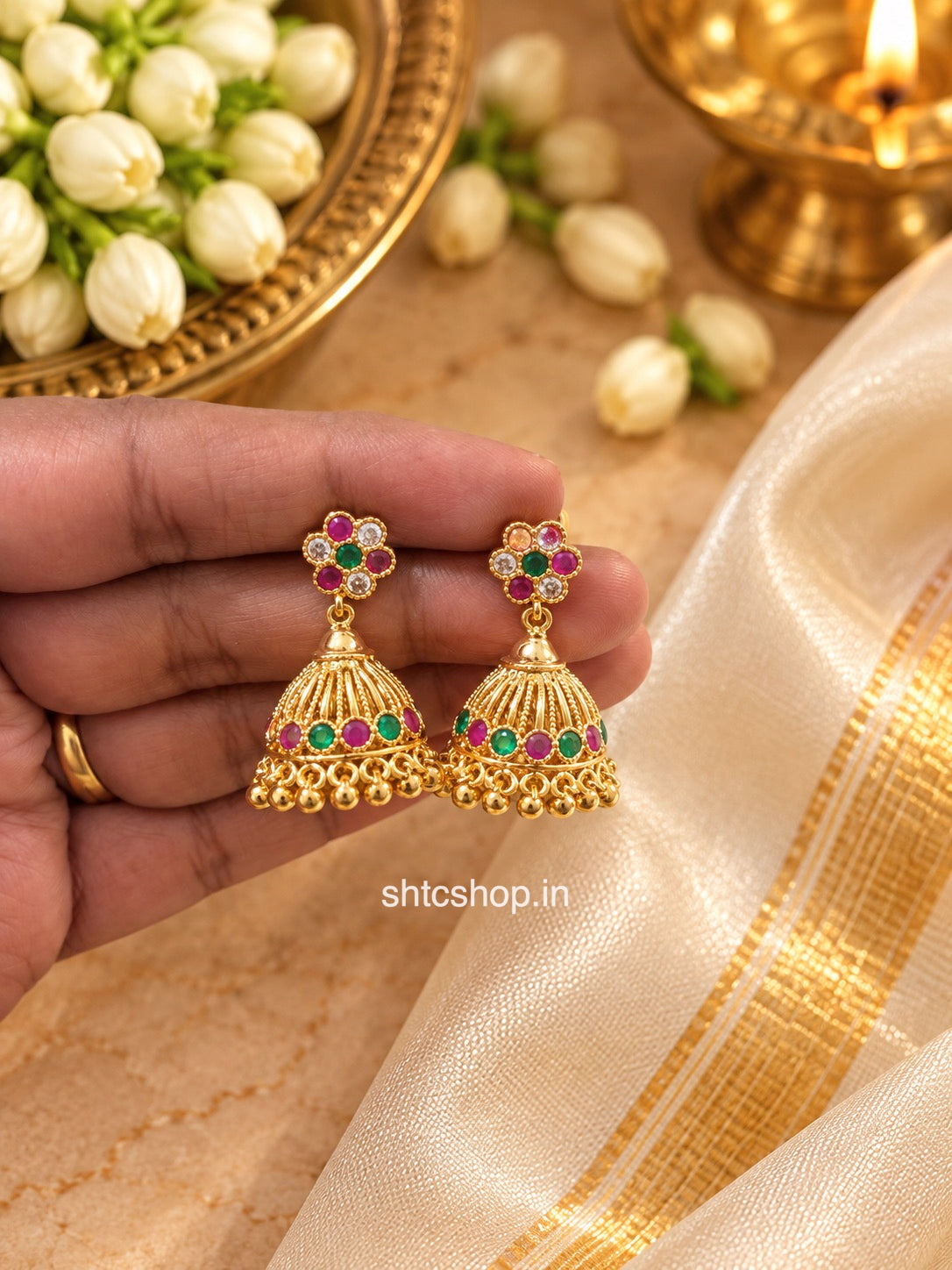 1GM Gold Polished Ruby & Green Stone Jhumka Earrings | Traditional Design - SHTC1930