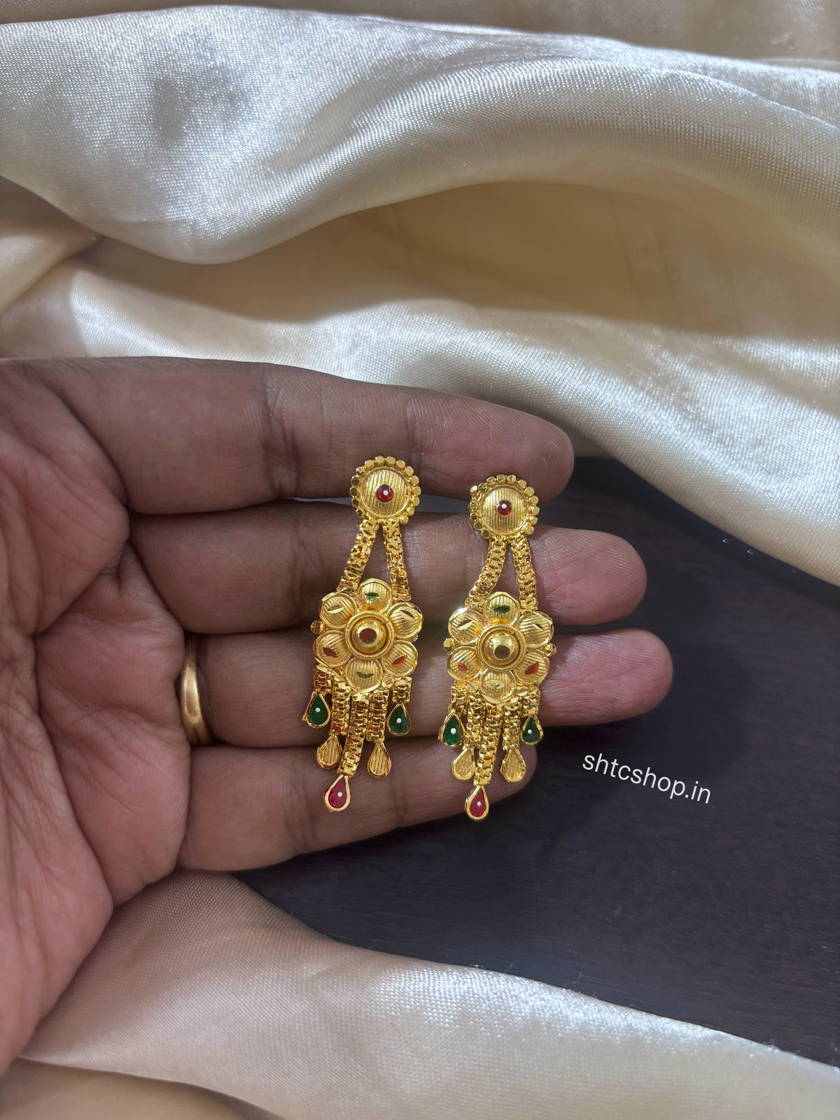 1GM Gold Polished Traditional Floral Earrings with Ruby & Green Enamel | Back Screw Type - SHTC1940