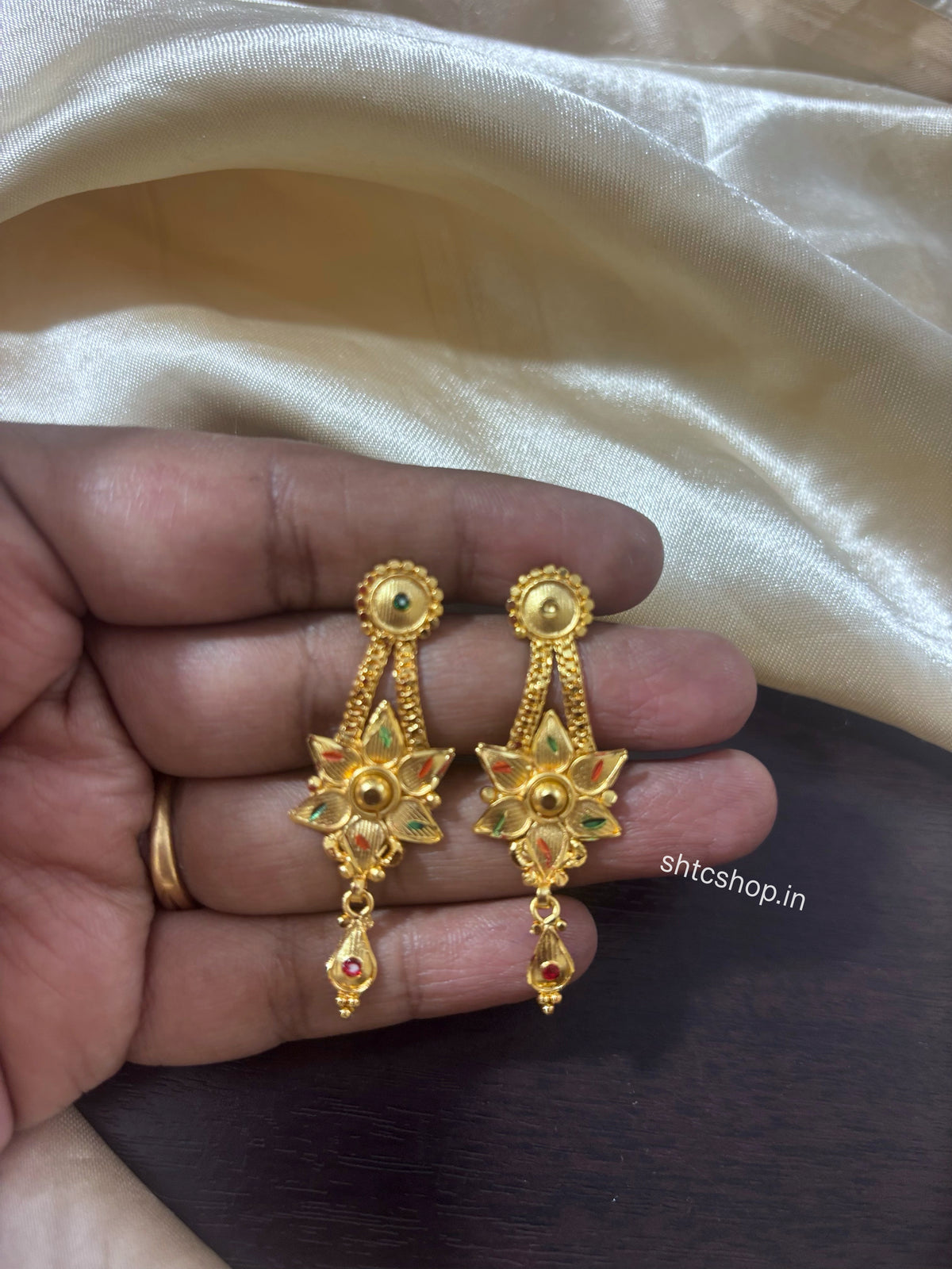 1GM Gold Polished Traditional Floral Earrings with Ruby & Green Enamel | Back Screw Type - SHTC1942