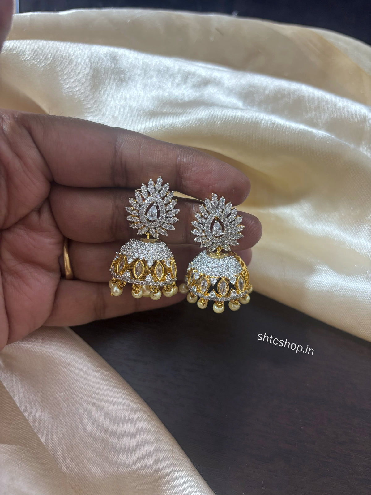 Gold Polished AD Stone Jhumka Earrings with Pearl Drops | Back Screw Type - SHTC1948