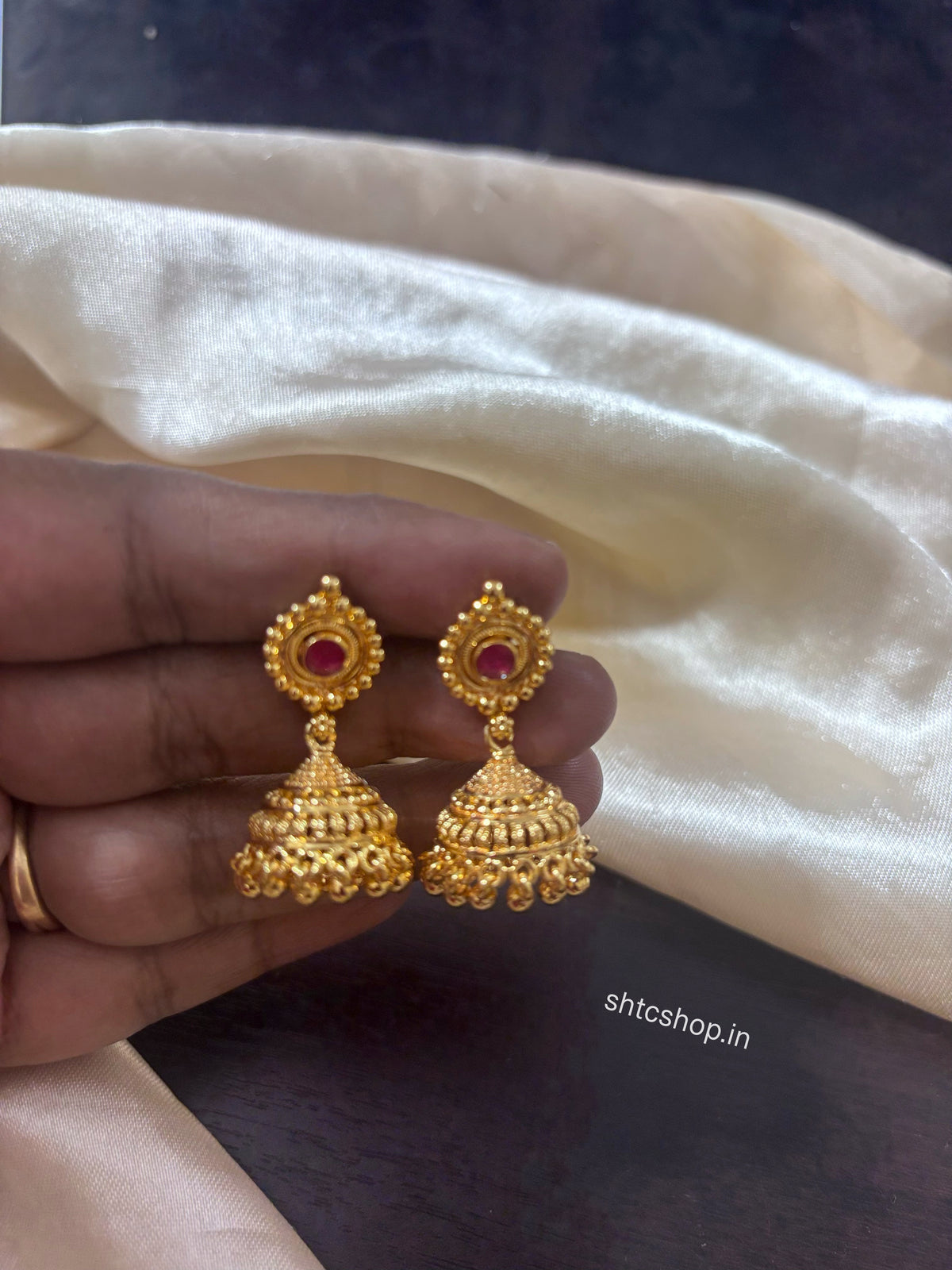 1GM Gold Polished Ruby Stone Jhumka Earrings | Traditional Design - SHTC1950