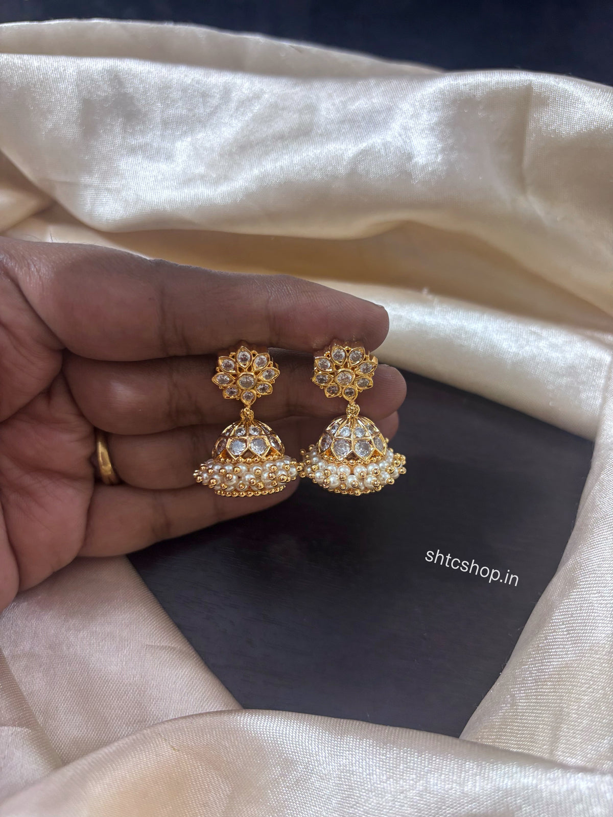 1GM Gold Polished AD Stone Jhumka Earrings with Pearl Beads | Traditional Design - SHTC1951