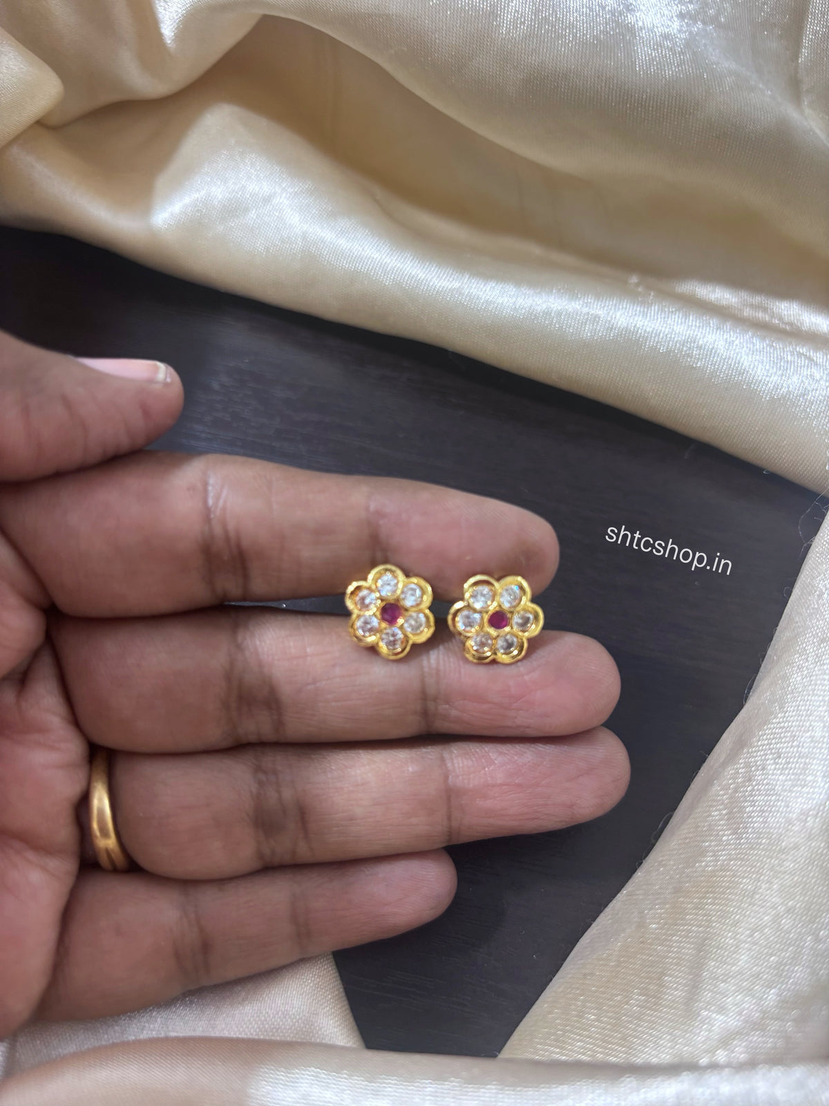 Five Metal Gold Polished Ruby & AD Stone Floral Stud Earrings | Back Screw Type - SHTC1954