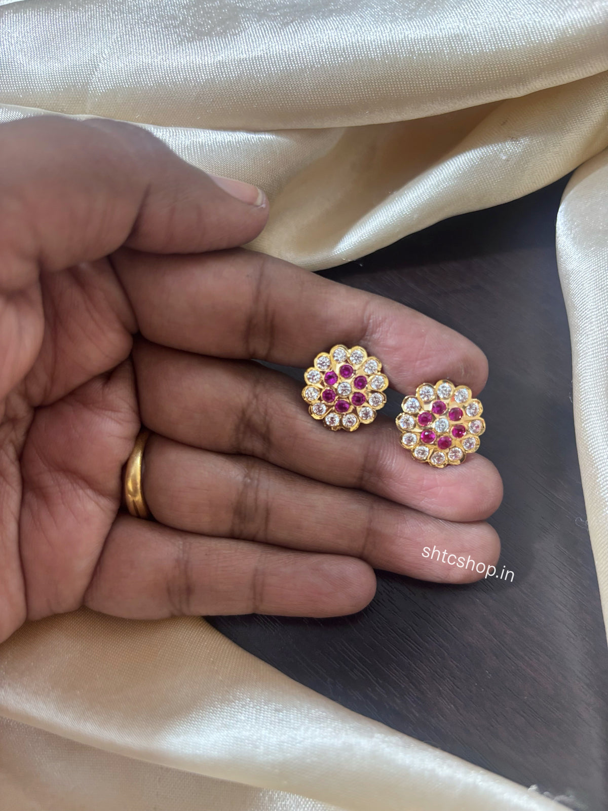 Impon / Five Metal Gold Polished AD & Ruby Stone Stud Earrings | Back Screw Type - SHTC1958