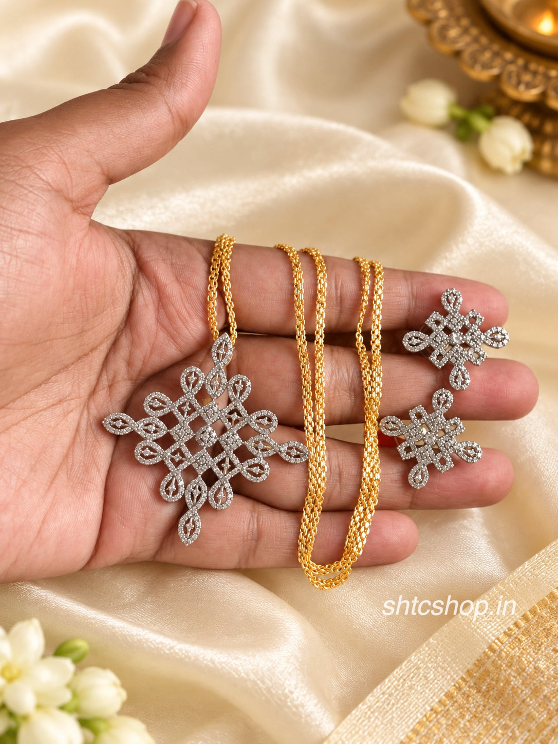 Premium AD Stone Kolam Pendant Set with Matching Earrings - SHTC1986