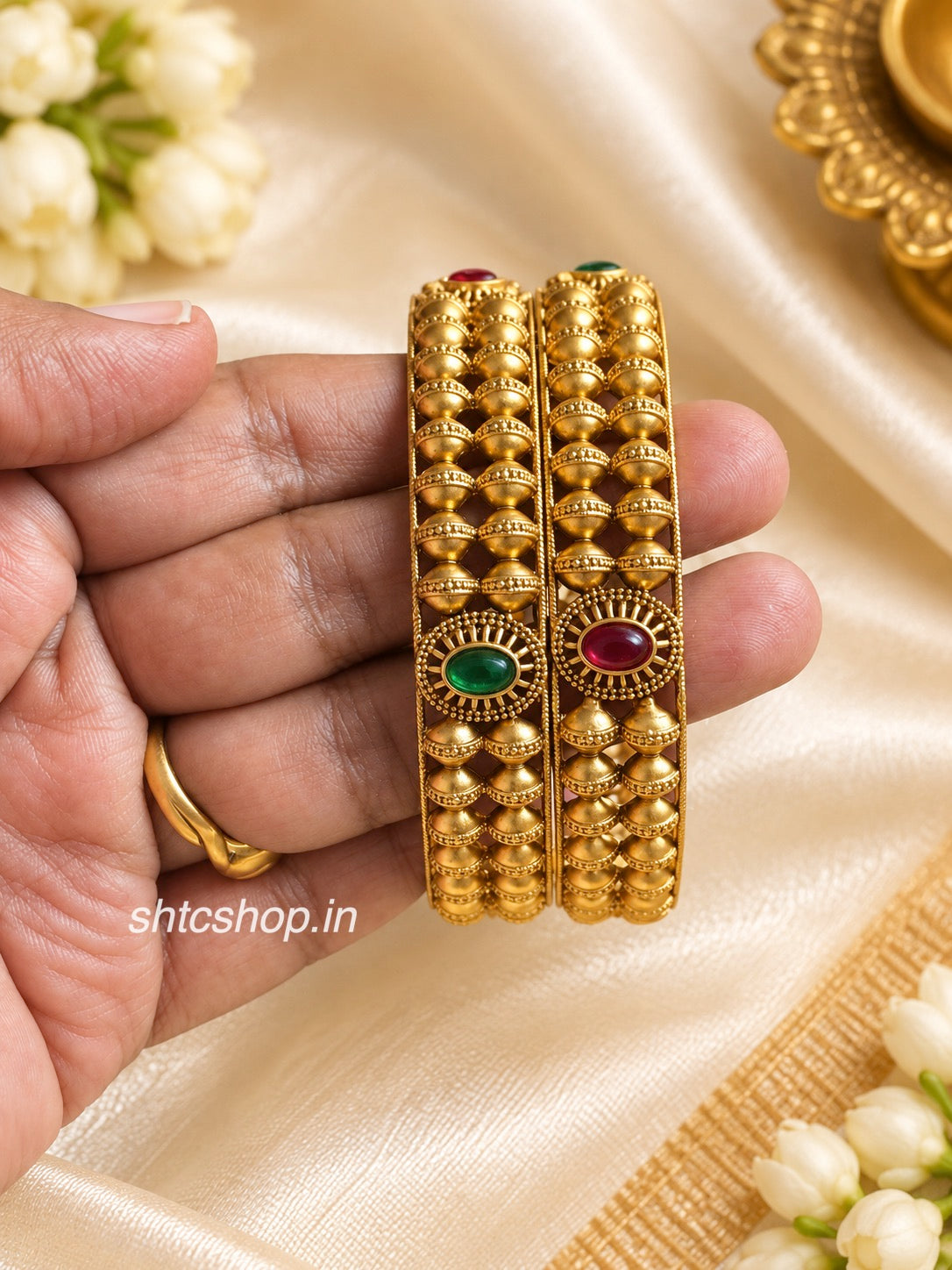 Premium Matte Finish Antique Temple Bangles with Ruby & Emerald Kempu Stones – Set of 2 - SHTC1990