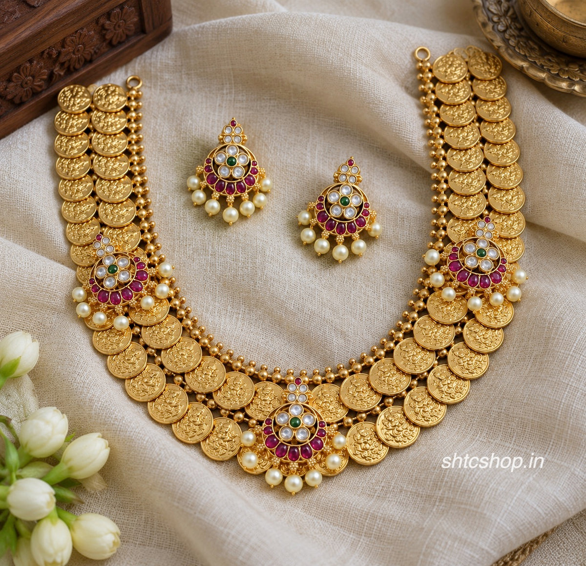 Premium Matte Finish Double Layer Lakshmi Coin Necklace Set with Kempu Stones & Matching Earrings - SHTC1992