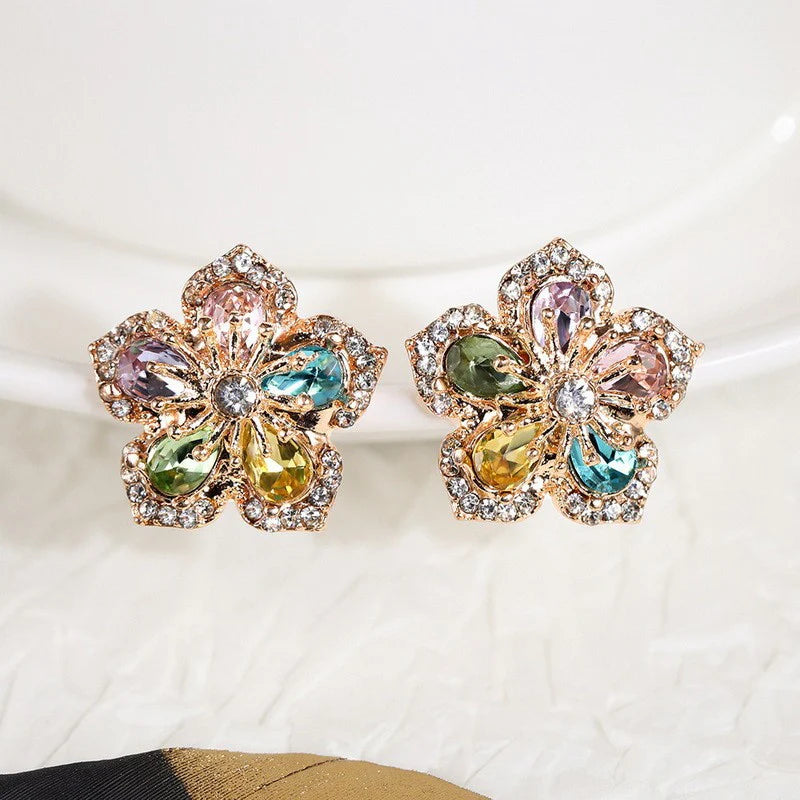 Flower Zircon Korean Earrings - Multicolor - KE540