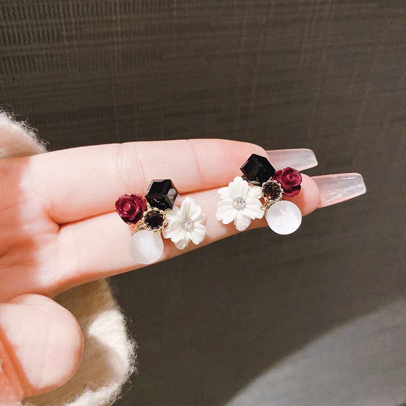 Retro white crystal flower Korean earrings - Multi colour - KE315 - Sai Harshith's Trendy Collections