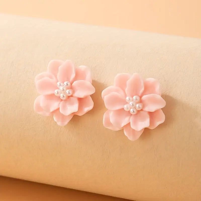 Fresh three-dimensional Peach Flower Pearl Korean Earrings - KE321