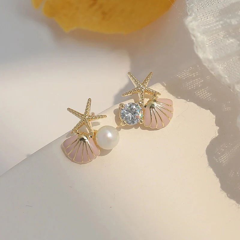 Starfish shell dream Korean earrings - Pink - KE326