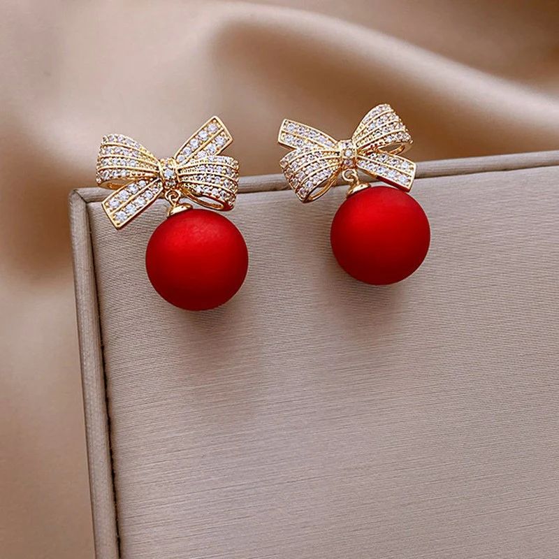 Bow round bead diamond earring Christmas women's fashion Korean earrings - RED - KE333 - Sai Harshith's Trendy Collections