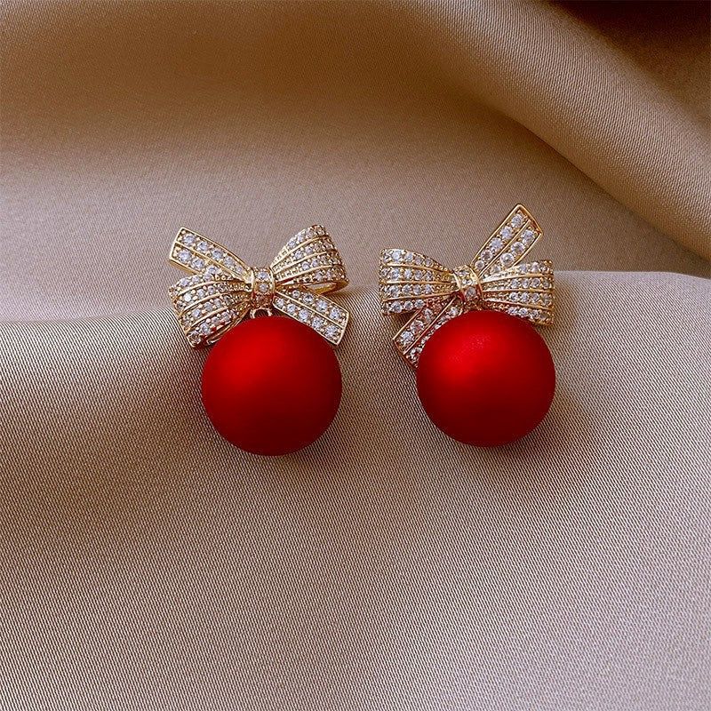 Bow round bead diamond earring Christmas women's fashion Korean earrings - RED - KE333 - Sai Harshith's Trendy Collections
