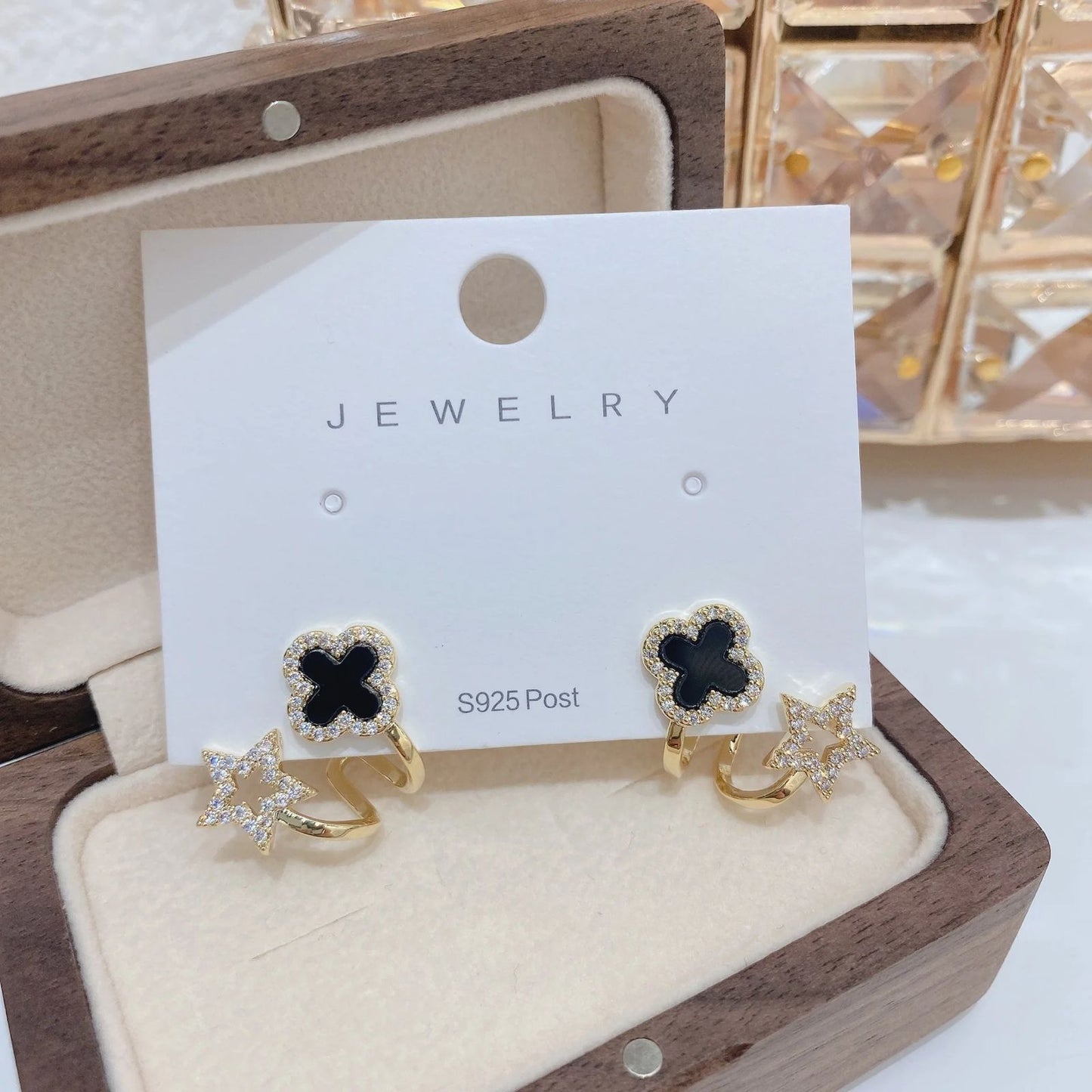 Four-leaf Flower and Star Earring - Black - KE335