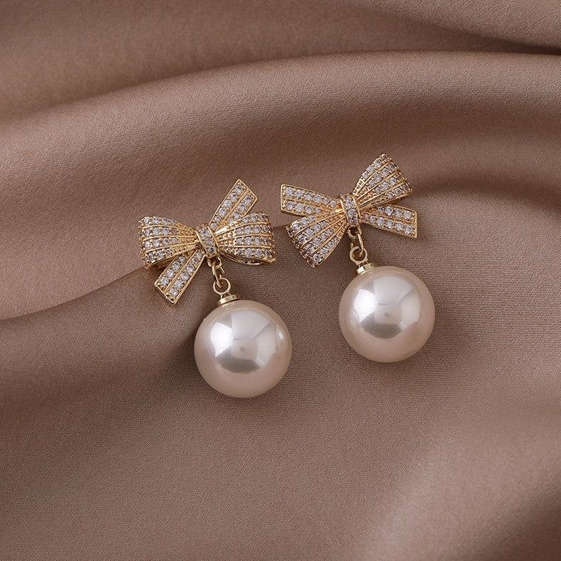Bow round bead diamond earring Christmas women's fashion Korean earrings - White- KE339