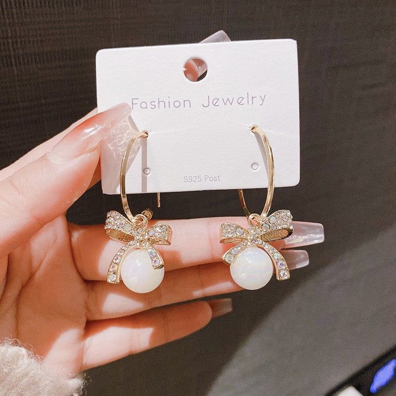 Bowknot diamond pearl Korean earrings - KE340