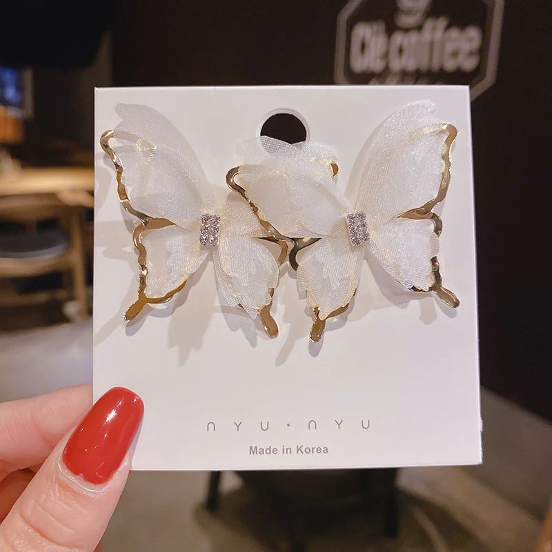 Silk yarn butterfly super fairy Korean earrings - White Colour - KE341