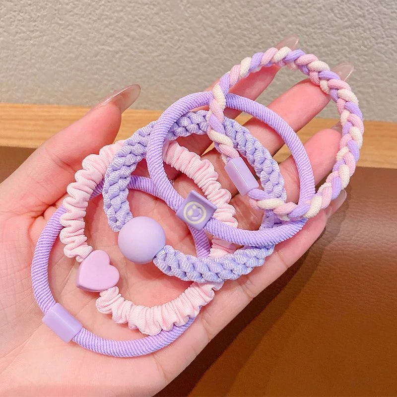 Purple colour - New style little girl hair tie rubber band ponytail headband (5 piece set) - KE355 - Sai Harshith's Trendy Collections