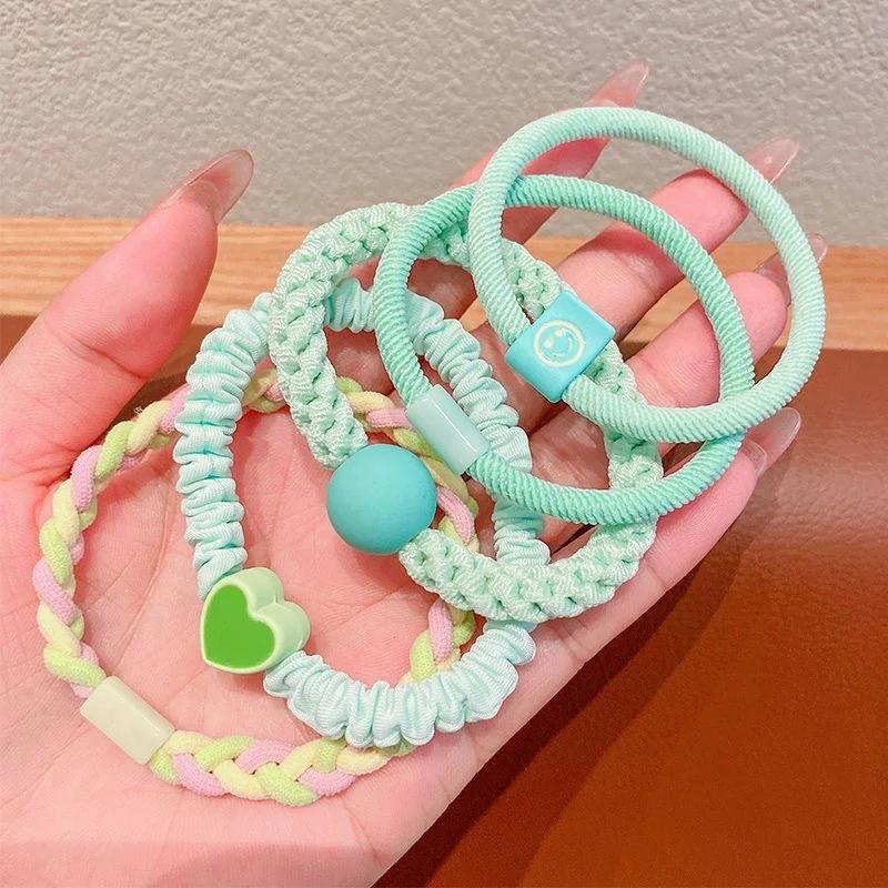 Green colour - New style little girl hair tie rubber band ponytail headband (5 piece set) - KE356 - Sai Harshith's Trendy Collections