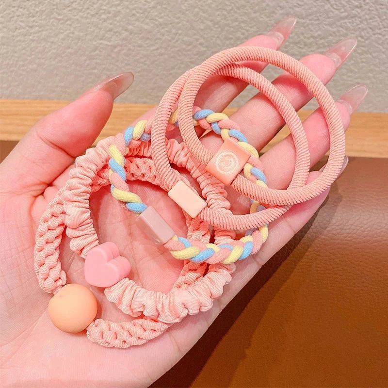 Peach colour - New style little girl hair tie rubber band ponytail headband (5 piece set) - KE357 - Sai Harshith's Trendy Collections