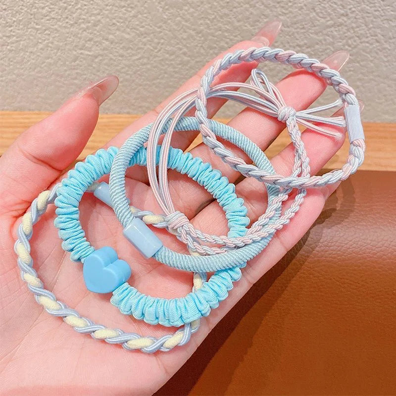 Blue colour - New style little girl hair tie rubber band ponytail headband (5 piece set) - KE358 - Sai Harshith's Trendy Collections