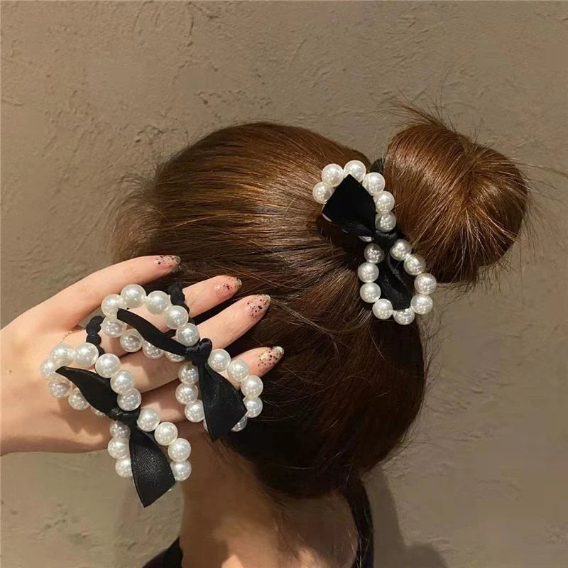 South Korean celebrity rubber band pearl bow hair rope - KE363 - Sai Harshith's Trendy Collections