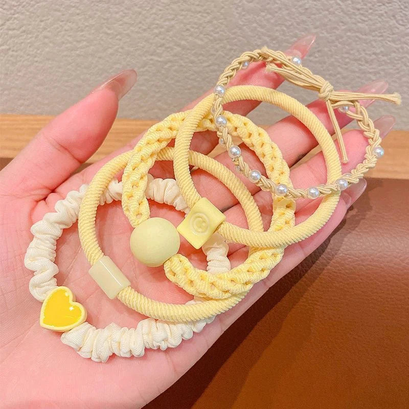 Yellow colour - New style little girl hair tie rubber band ponytail headband (5 piece set) - KE370 - Sai Harshith's Trendy Collections