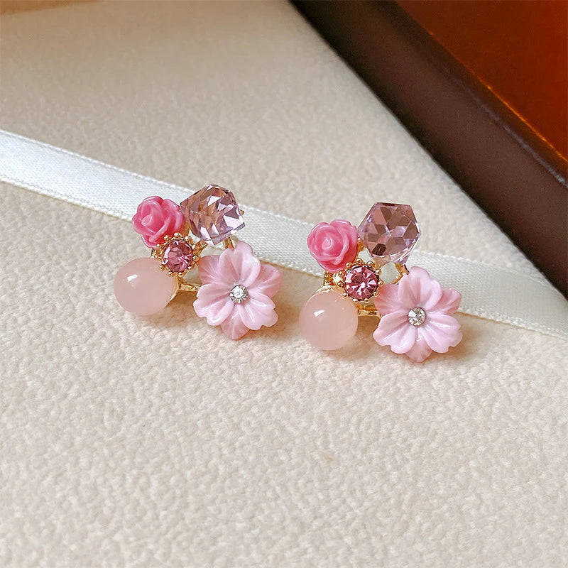 Retro crystal flower earrings - Pink - KE371 - Sai Harshith's Trendy Collections