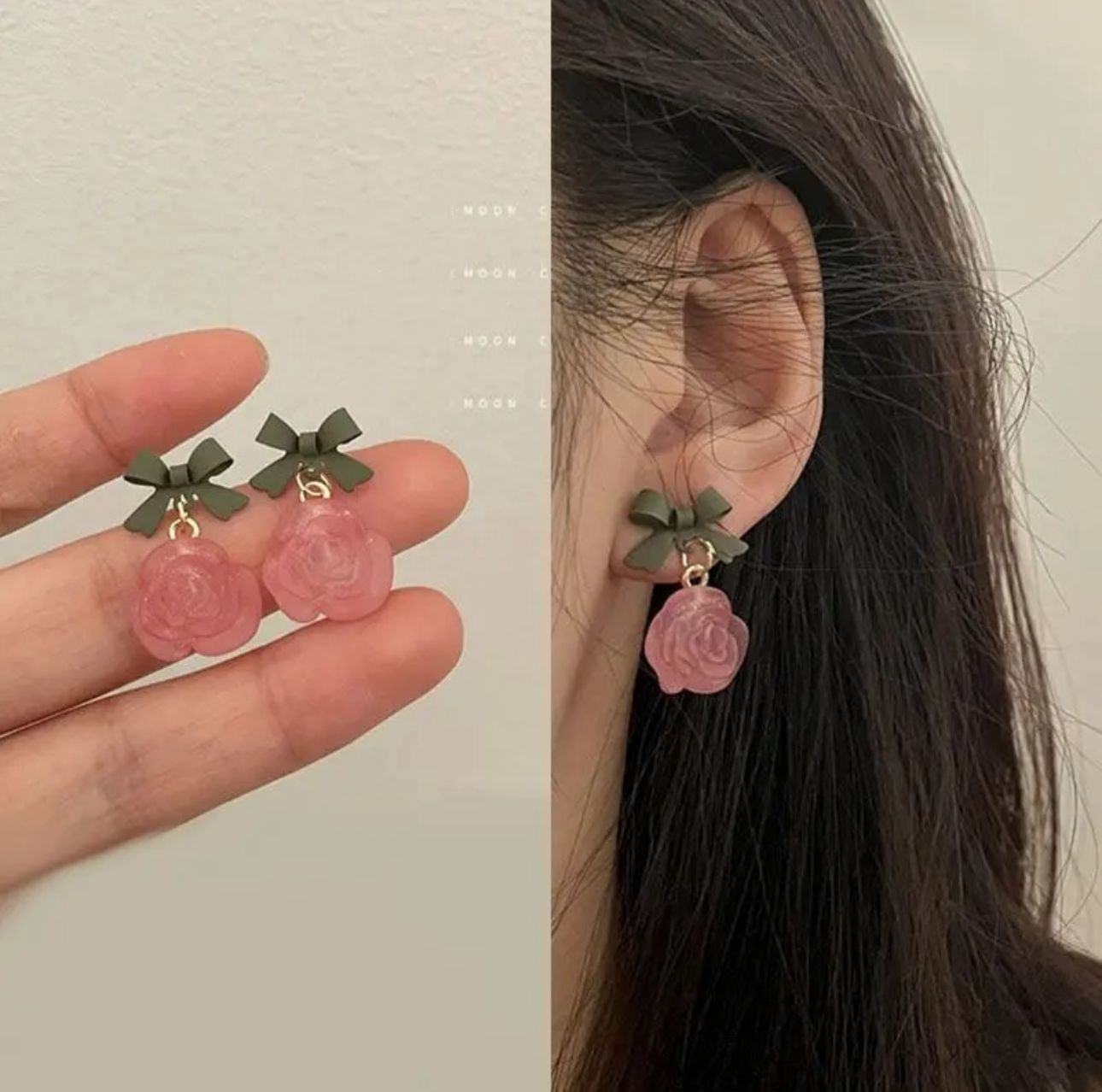 Acrylic Pink Rose Flower & Bow Earrings - KE375