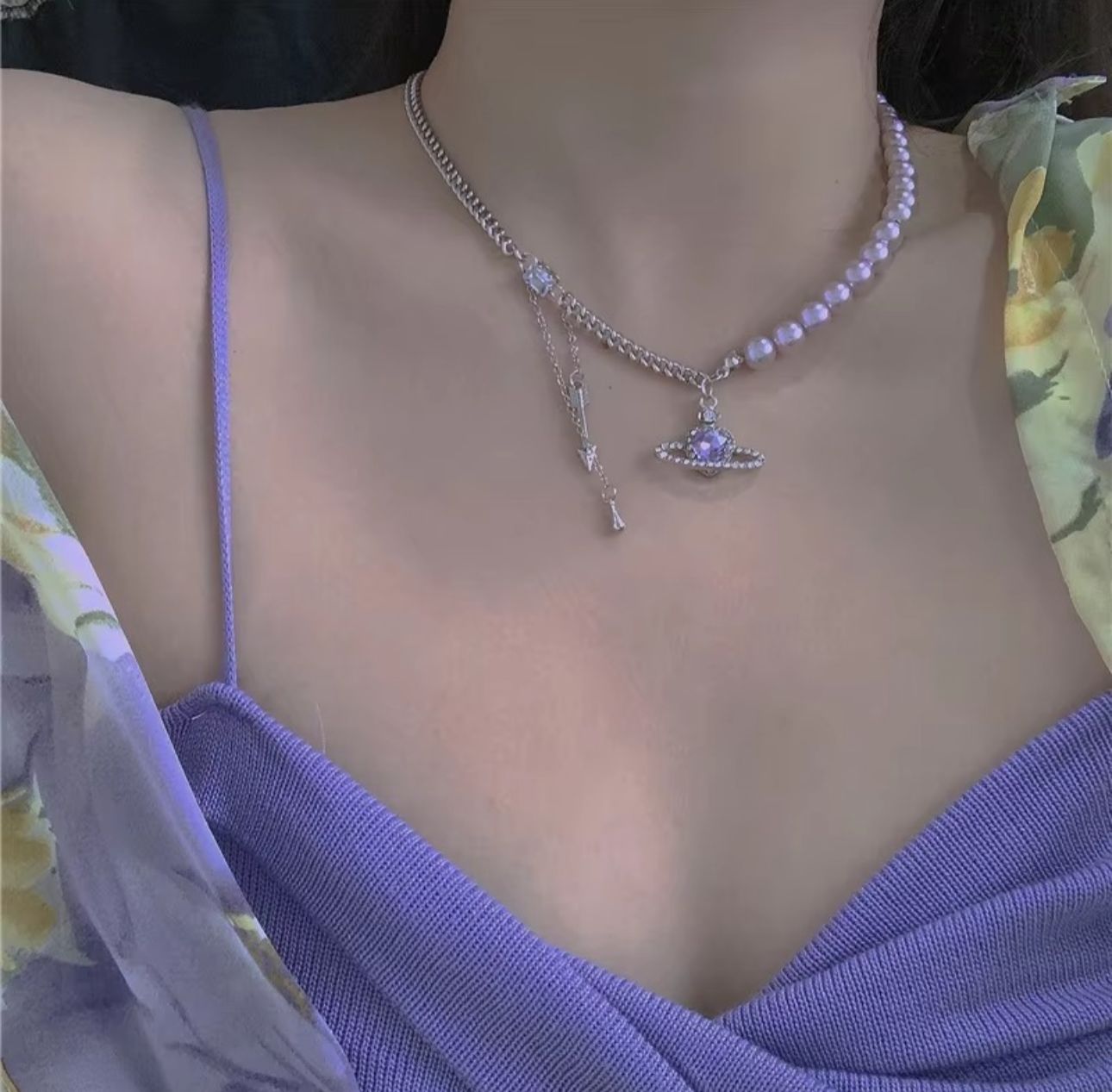 Lavender Love Planet Pearl Necklace - KE380 - Sai Harshith's Trendy Collections