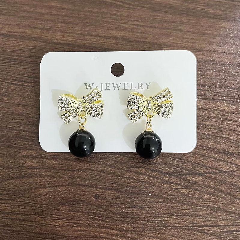 Bow round bead diamond earring Christmas women's fashion Korean earrings - Black- KE390 - Sai Harshith's Trendy Collections
