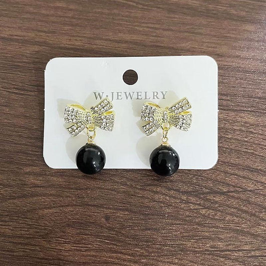 Bow round bead diamond earring Christmas women's fashion Korean earrings - Black- KE390 - Sai Harshith's Trendy Collections