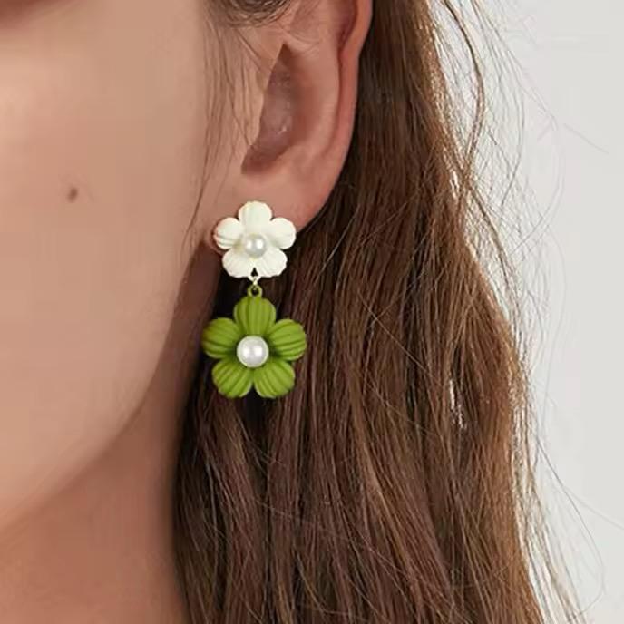 Simple Green White Pearl Flower Earrings New Temperament Drop Earrings - KE408 - Sai Harshith's Trendy Collections
