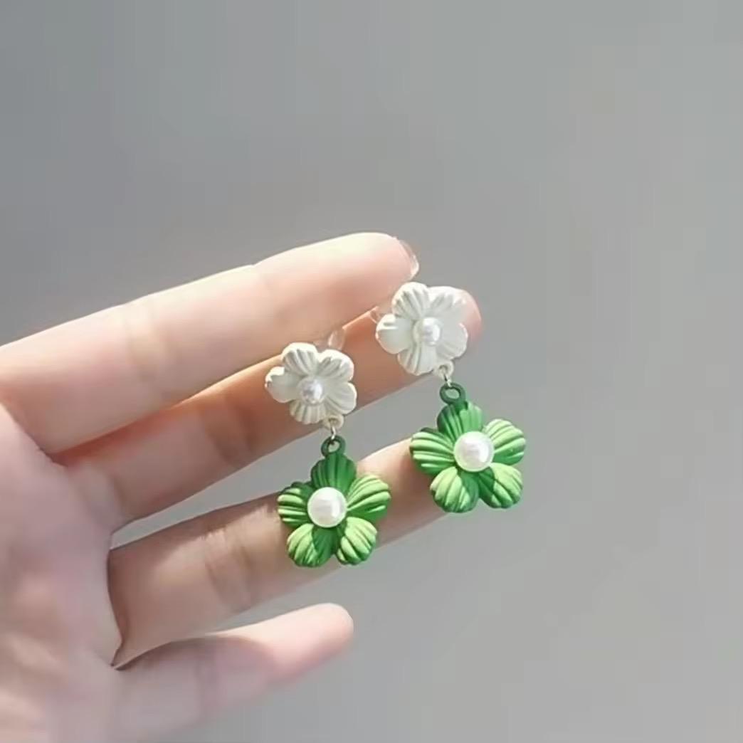 Simple Green White Pearl Flower Earrings New Temperament Drop Earrings - KE408 - Sai Harshith's Trendy Collections