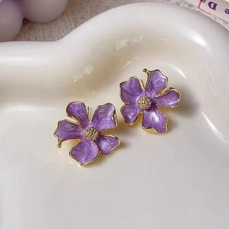 French Retro Purple Flower Earring Vintage Drop Oil Earrings Light Luxury Stud Earrings - KE409 - Sai Harshith's Trendy Collections