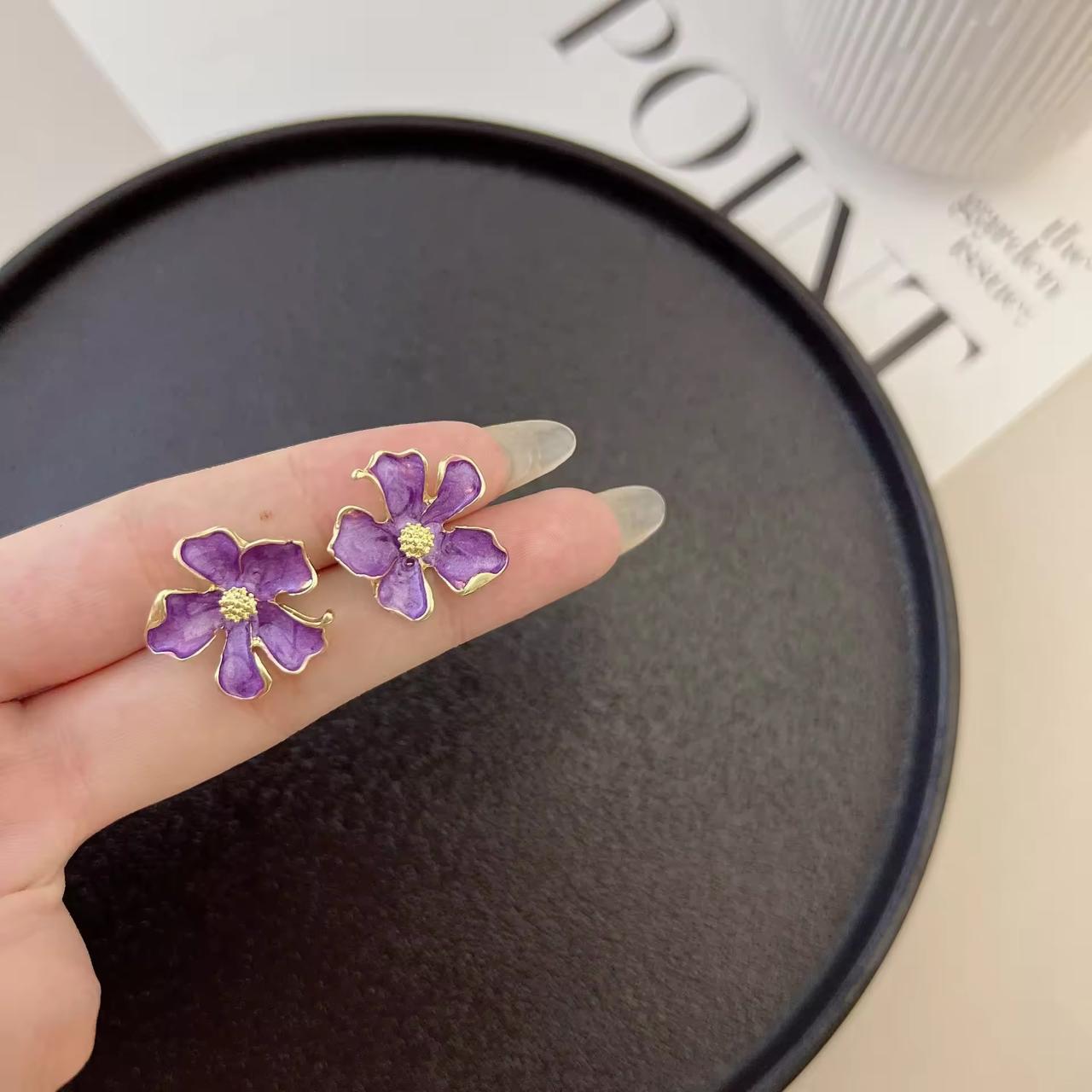 French Retro Purple Flower Earring Vintage Drop Oil Earrings Light Luxury Stud Earrings - KE409 - Sai Harshith's Trendy Collections