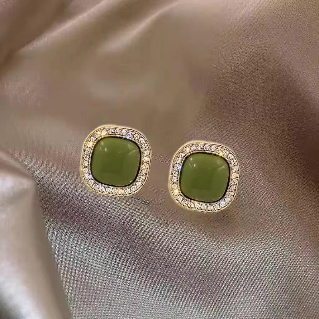 Green Geometric Flash Cool Rhinestone Square Stud Earrings - KE414