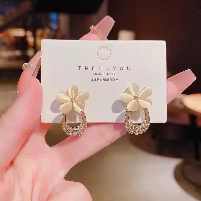 Luxury Shiny Diamond Flower Stud Earrings for Women Trendy Opal With Rhinestone - KE419