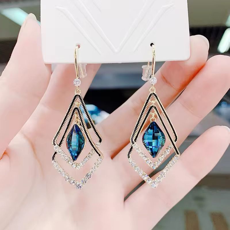 Korean Geometric Double Diamond Crystal Earrings - KE424