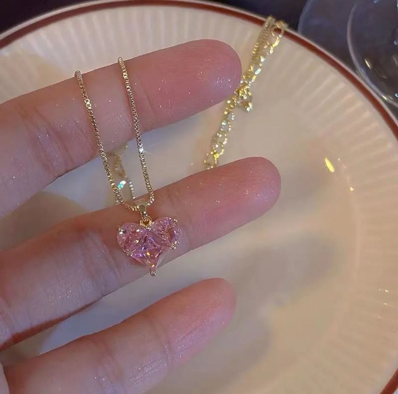 Pink Crystal Pendant Four-Side Phase Chain with Earrings - KE451