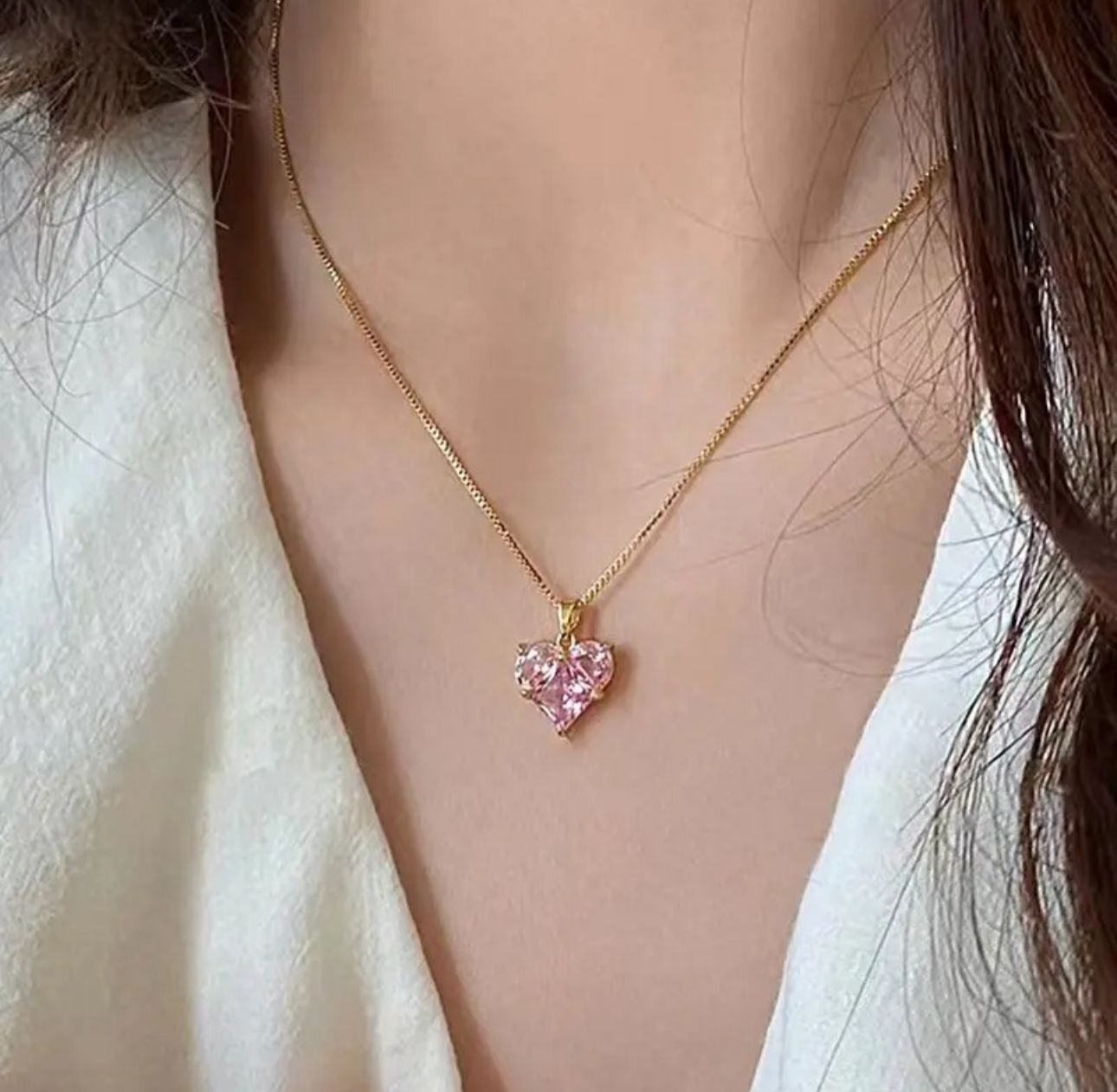 Pink Crystal Pendant Four-Side Phase Chain with Earrings - KE451