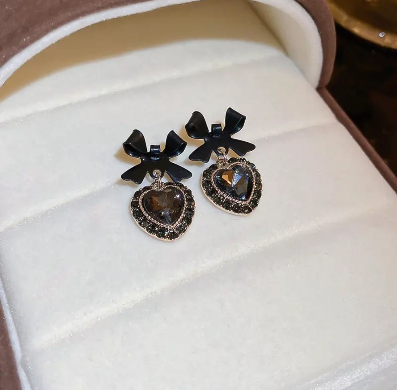 Black Stones Bowknot Heart Drop Korean Earrings - KE452