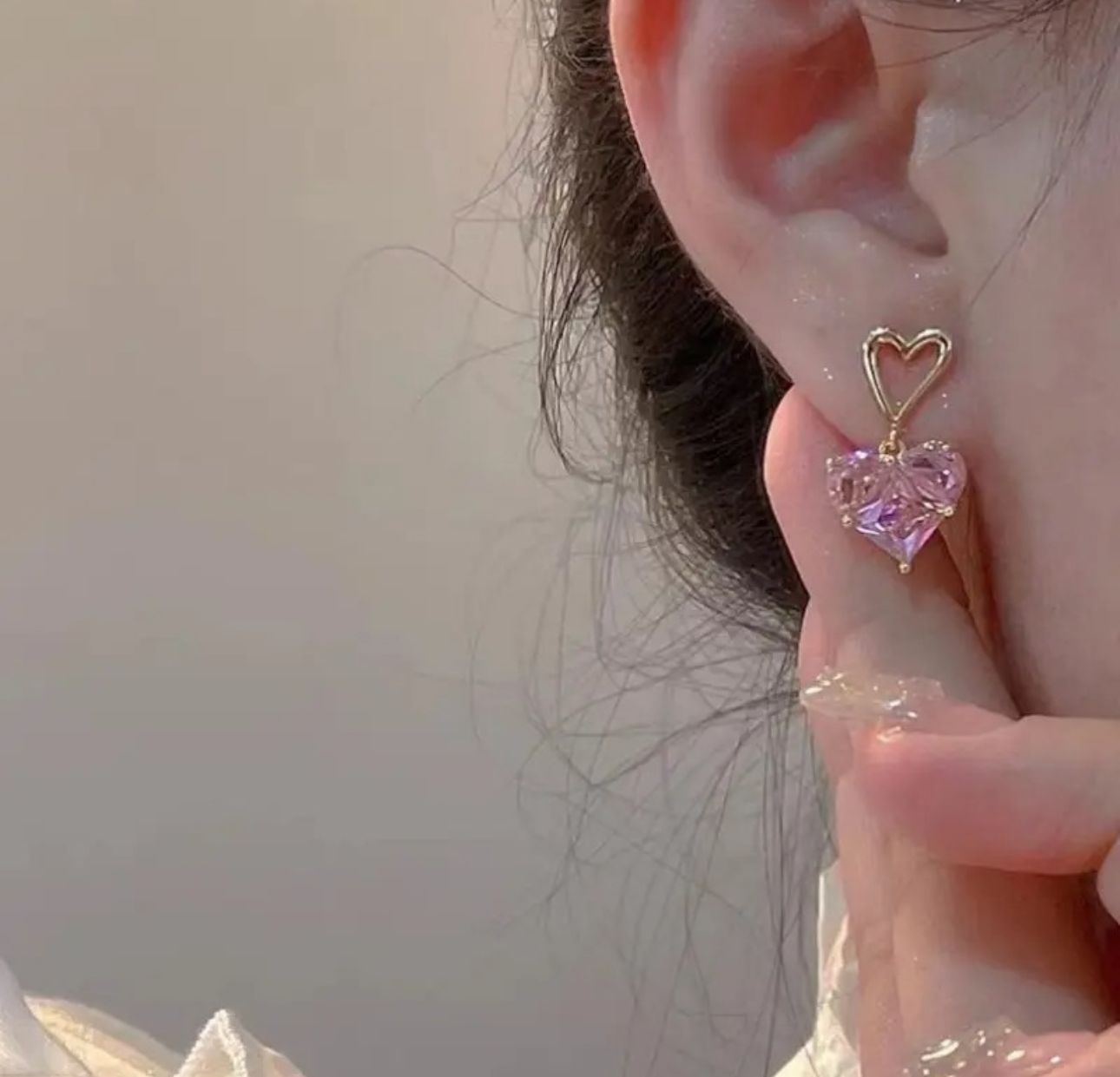 Pink Crystal Pendant Four-Side Phase Chain with Earrings - KE451