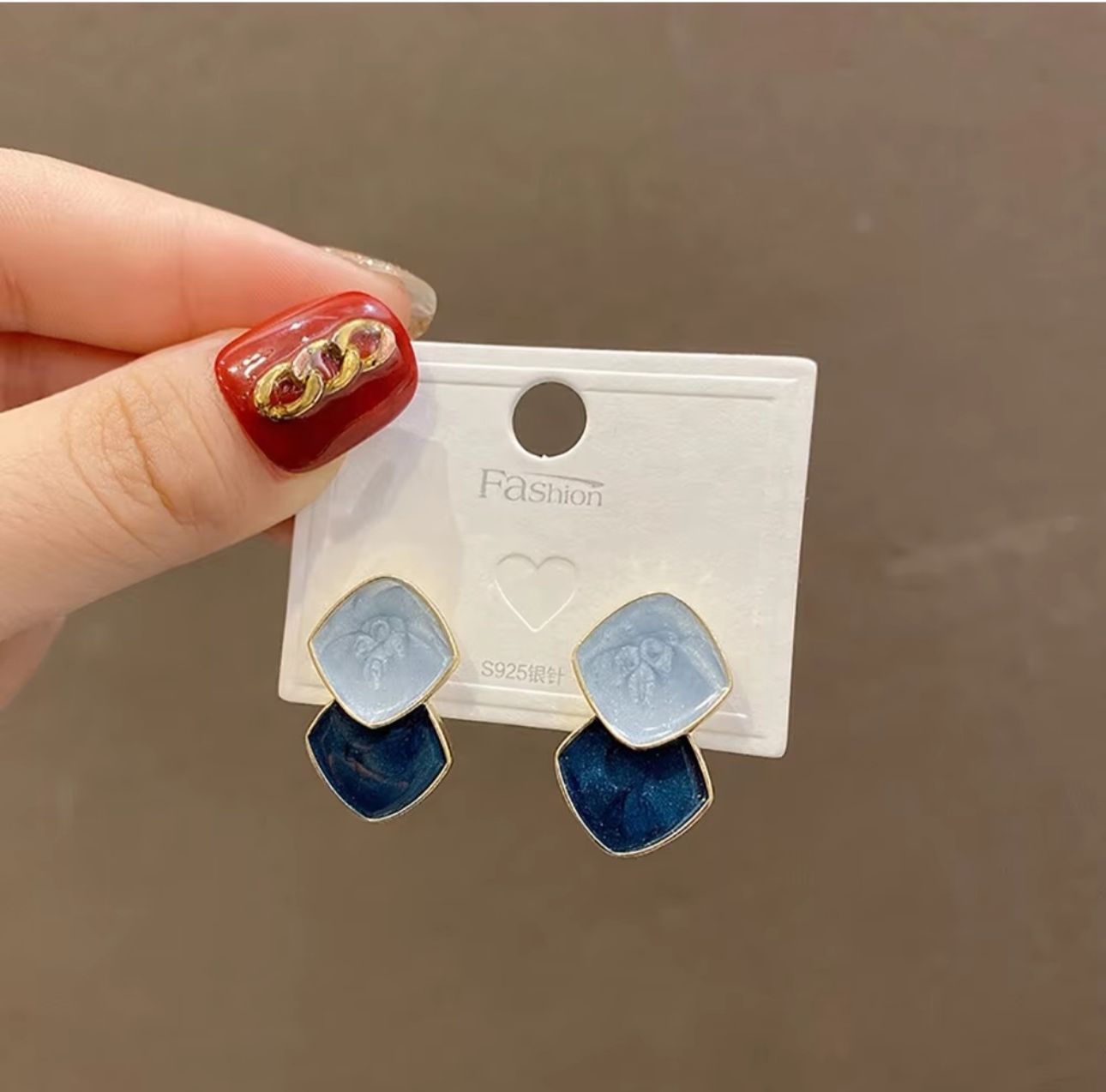 Dual Tone Enamel Geometric Earrings (Blue) - KE463