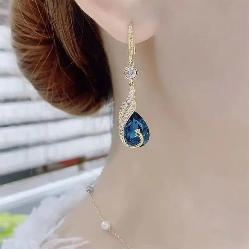 Blue - Peacock crystal Korean earrings - KE495