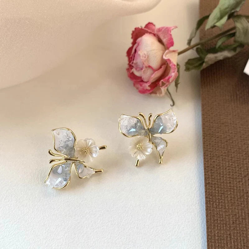 Korean gradient crystal butterfly flower earrings - KE505