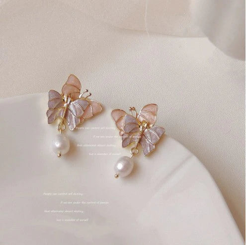 Korean Style Purple Fantasy Butterfly Retro Earrings (pink with purple) - KE609