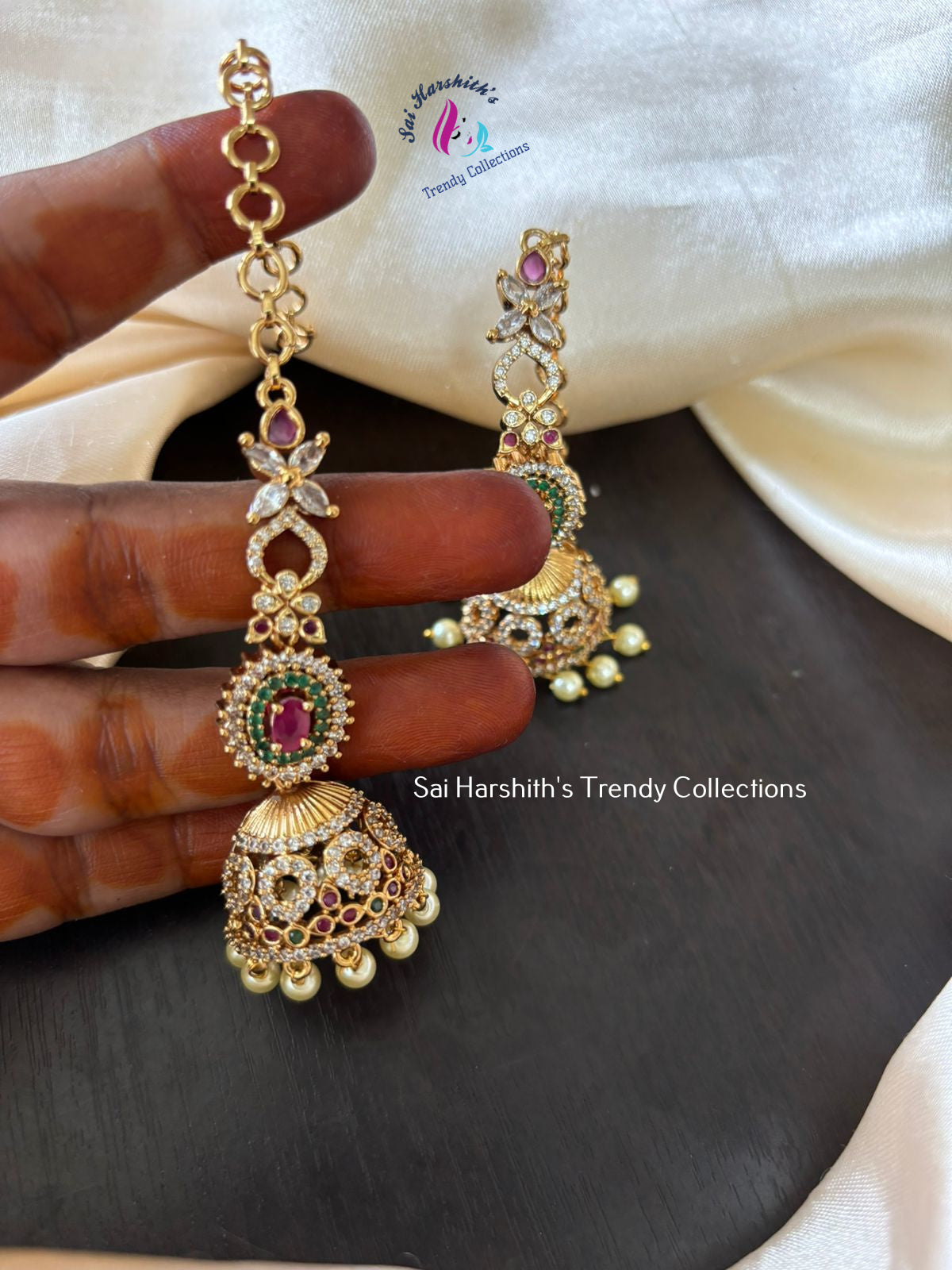 Matte Finish earrings with attached ear chain - SHTC844 - Sai Harshith's Trendy Collections