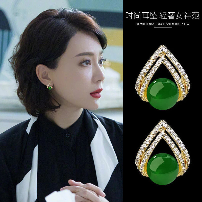 Rhinestones Pearl Korean Earrings - Green - KE510